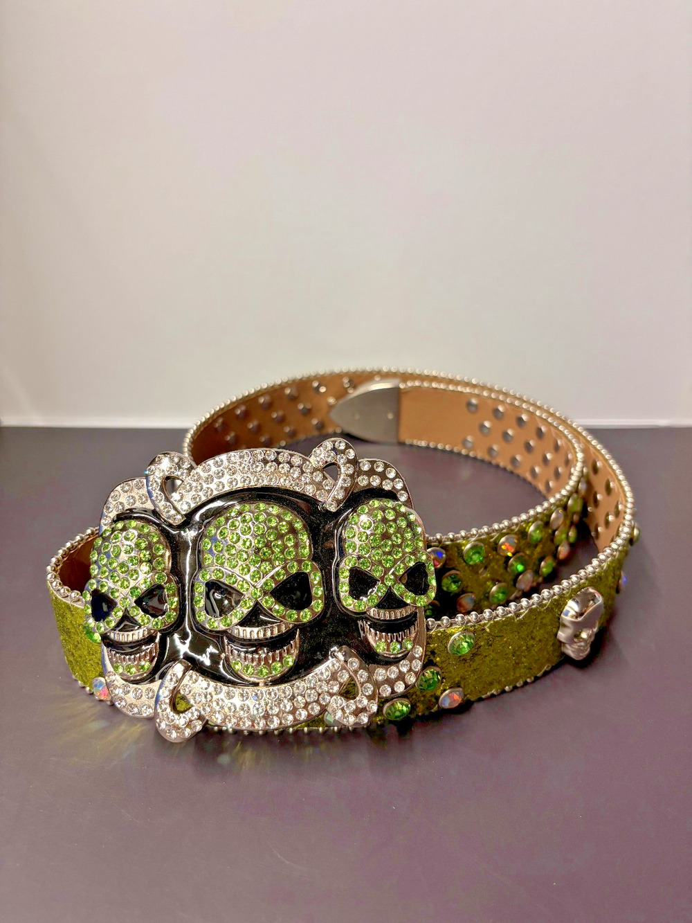 Skull Belt Rhinestone Green Glitter Triple Skull Buckle Y2K Bling Western S/M/L